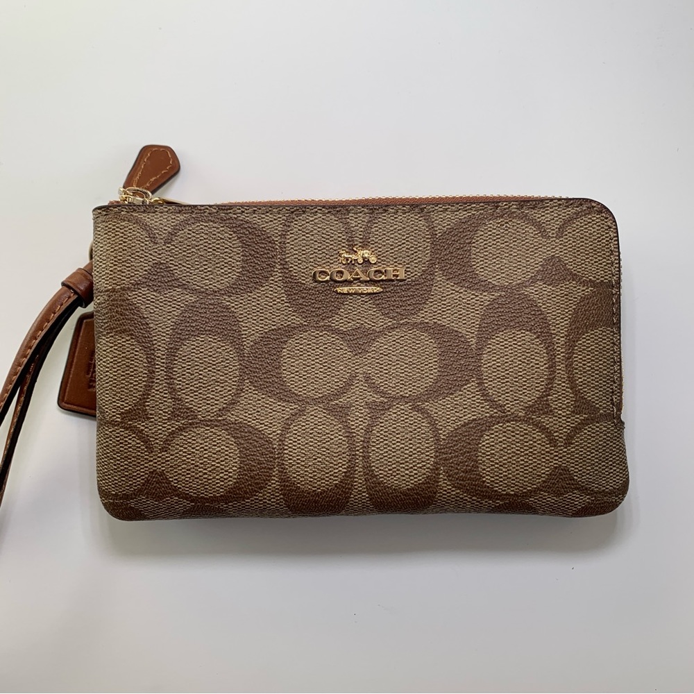 Coach Double Corner Zip Wristlet in Signature Canvas - Tan